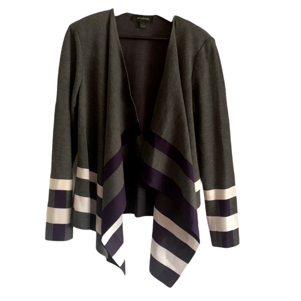St. John Wool Blend Cardigan Gray Medium Color-block Draped Waterfall Office